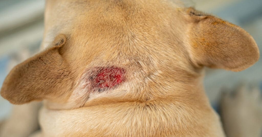 fawn-colored dog with hot spot on neck